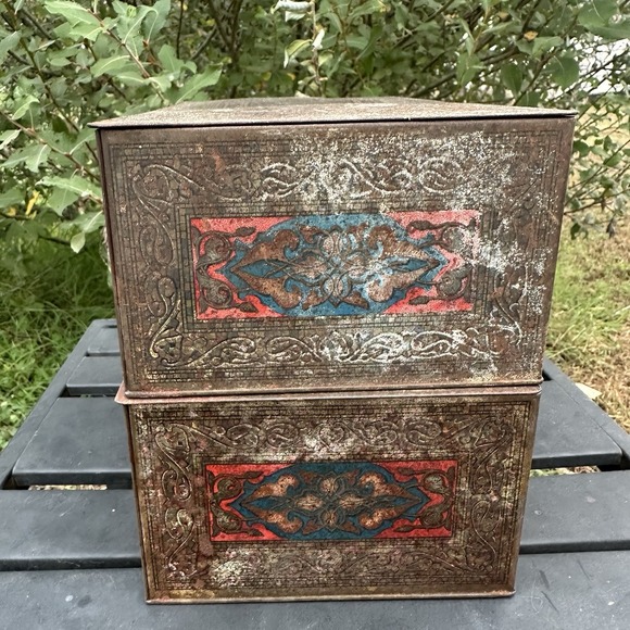 Lot 2 Vintage Wilson & Co USA Soap Dept. Tin Humidor Mosaic Litho Box Hinged Lid - Picture 4 of 14
